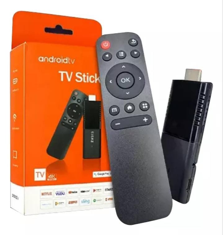 TV Stick Android 14 negro con control remoto y caja naranja