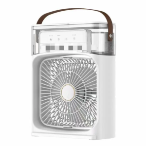 Ventilador nebulizador portátil azul y blanco con cinco salidas de niebla